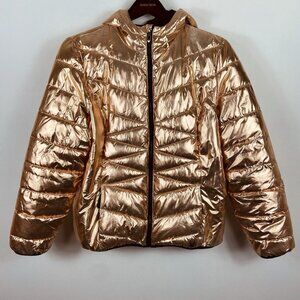 Spyder Coat Womens Sz L Alyce Puffer Jacket Thermaweb Metallic Hooded Rose Gold